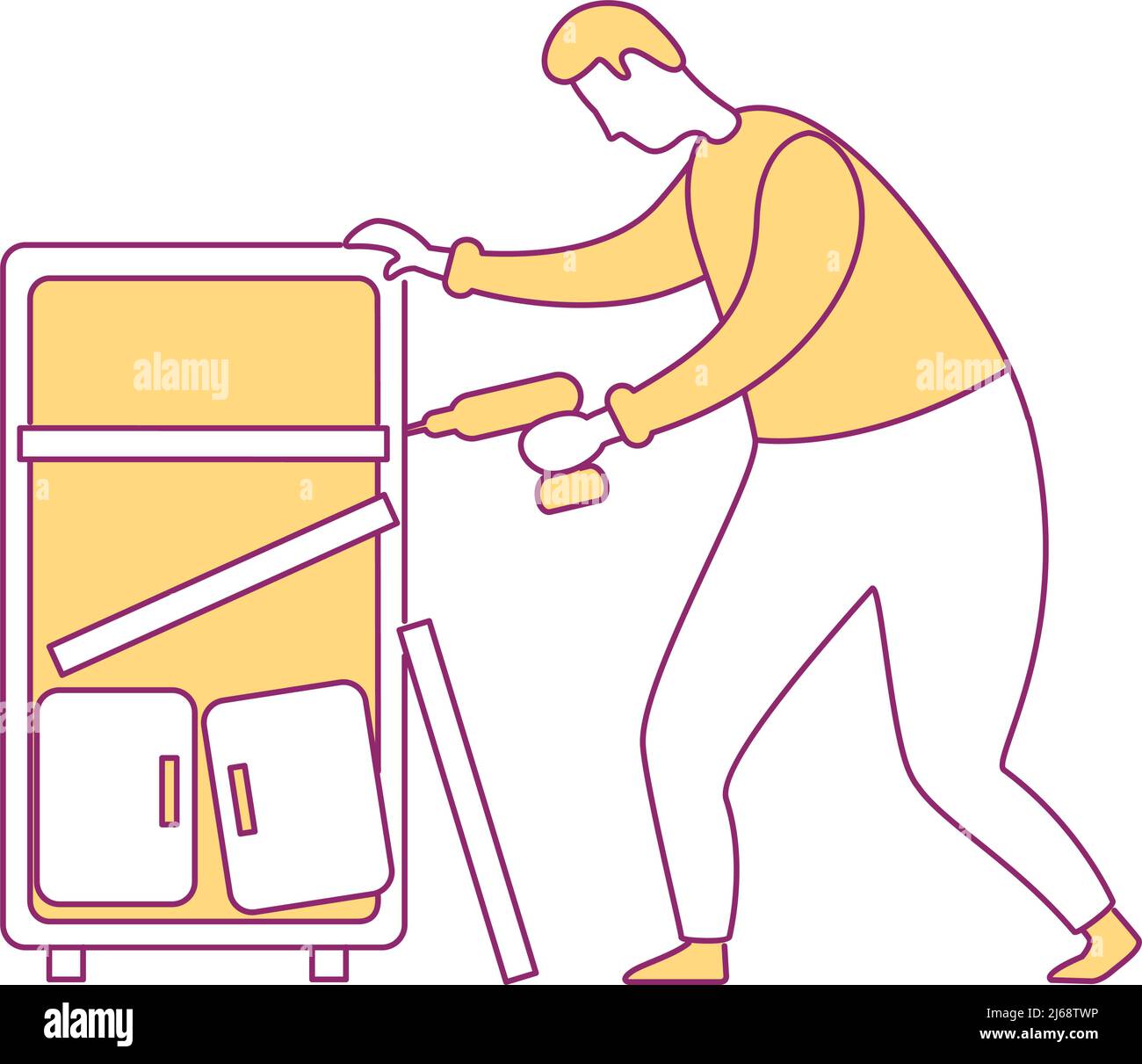 Man restoring broken bookcase semi flat color vector character Stock Vector