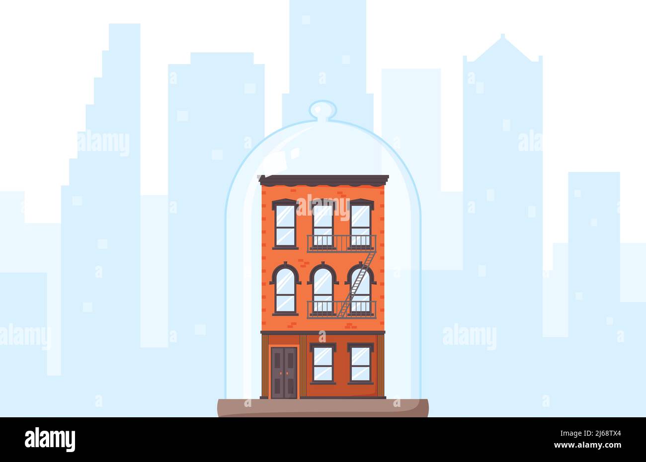 Old-fashioned house and city view silhouette. Brick building covered by glass dom. Rent control house concept. Rent stabilized apartment unit. Well Stock Vector
