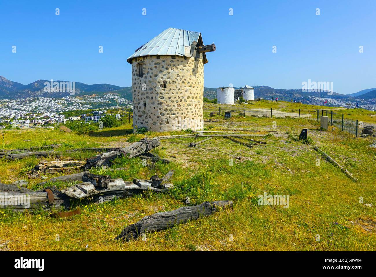 Old windmills above the popular holiday resort of Bodrum, Mugla Province, Turkey Stock Photo