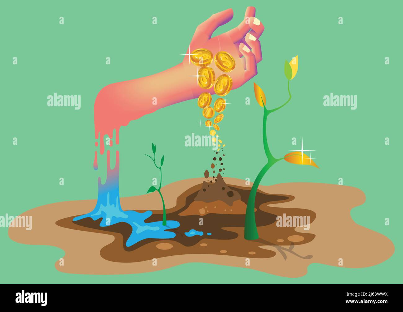 Saving money concept. Hand drop soin into money on plants. Plants are germination growing. Skin dissolves into water. Stock Vector
