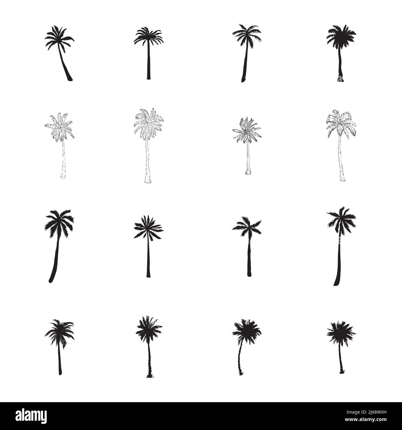 Coconut tree palm set icon in vector hand drawn style isolated on white ...