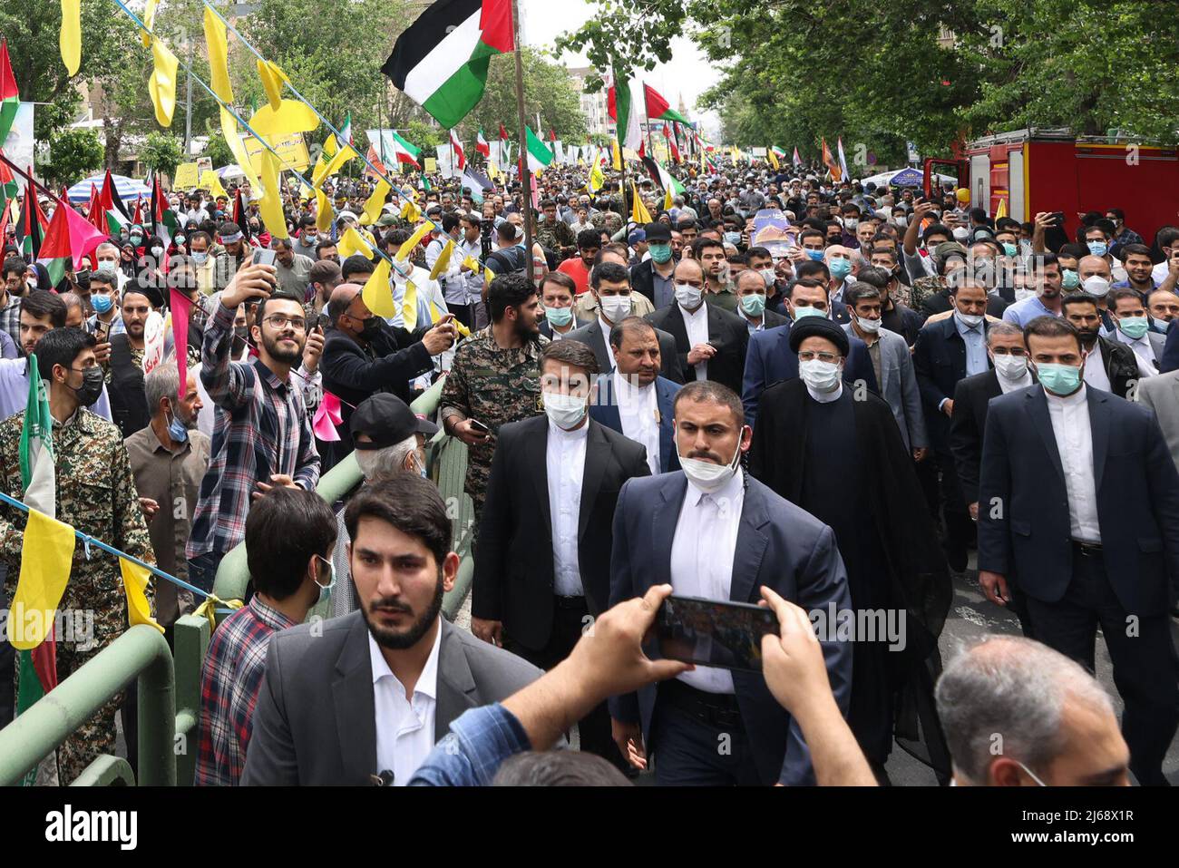 Tehran, Iran. 29th Apr, 2022. April 29, 2022, Tehran, Tehran, Iran: A handout photo made available by the Iranian Presidential Office shows Iranian President EBRAHIM RAISI during an anti-Israel rally marking Al Quds Day in Tehran, Iran, on 29 April 2022. Al-Quds Day was declared in 1979 by the late Ayatollah Khomeini, founder of the Islamic Iranian Republic, who called on the world's Muslims to show solidarity with Palestinians on the last Friday of the fasting month of Ramadan. (Credit Image: © Iranian Presidency via ZUMA Press Wire) Credit: ZUMA Press, Inc./Alamy Live News Stock Photo