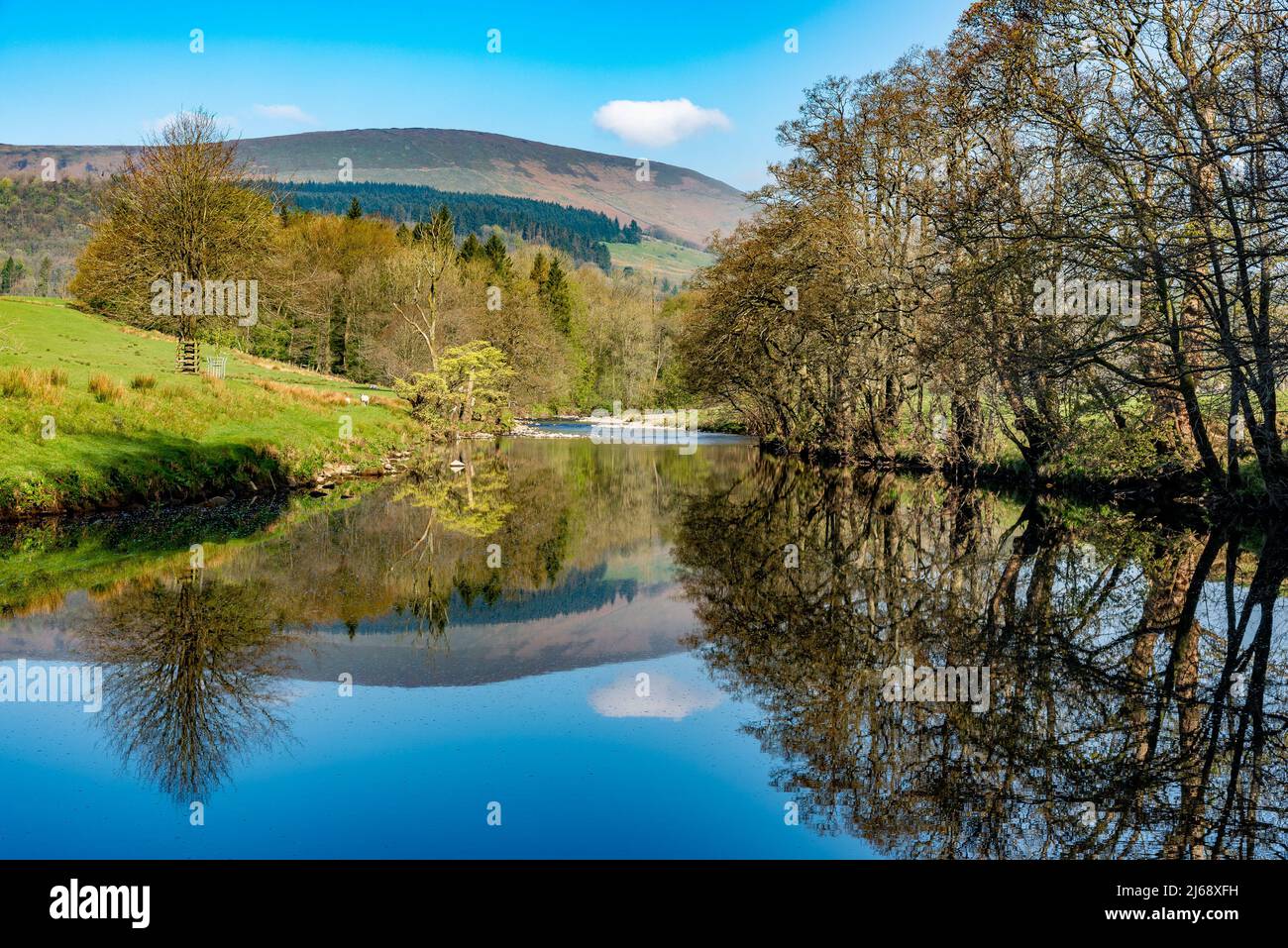 Whitewell, Clitheroe, Lancashire, UK  29th April 2022  A beautiful start to the day with the river Hodder still enough to reflect the trees and fells at Whitewell, Clitheroe, Lancashire, UK.  Credit John Eveson/Alamy Live News. Stock Photo