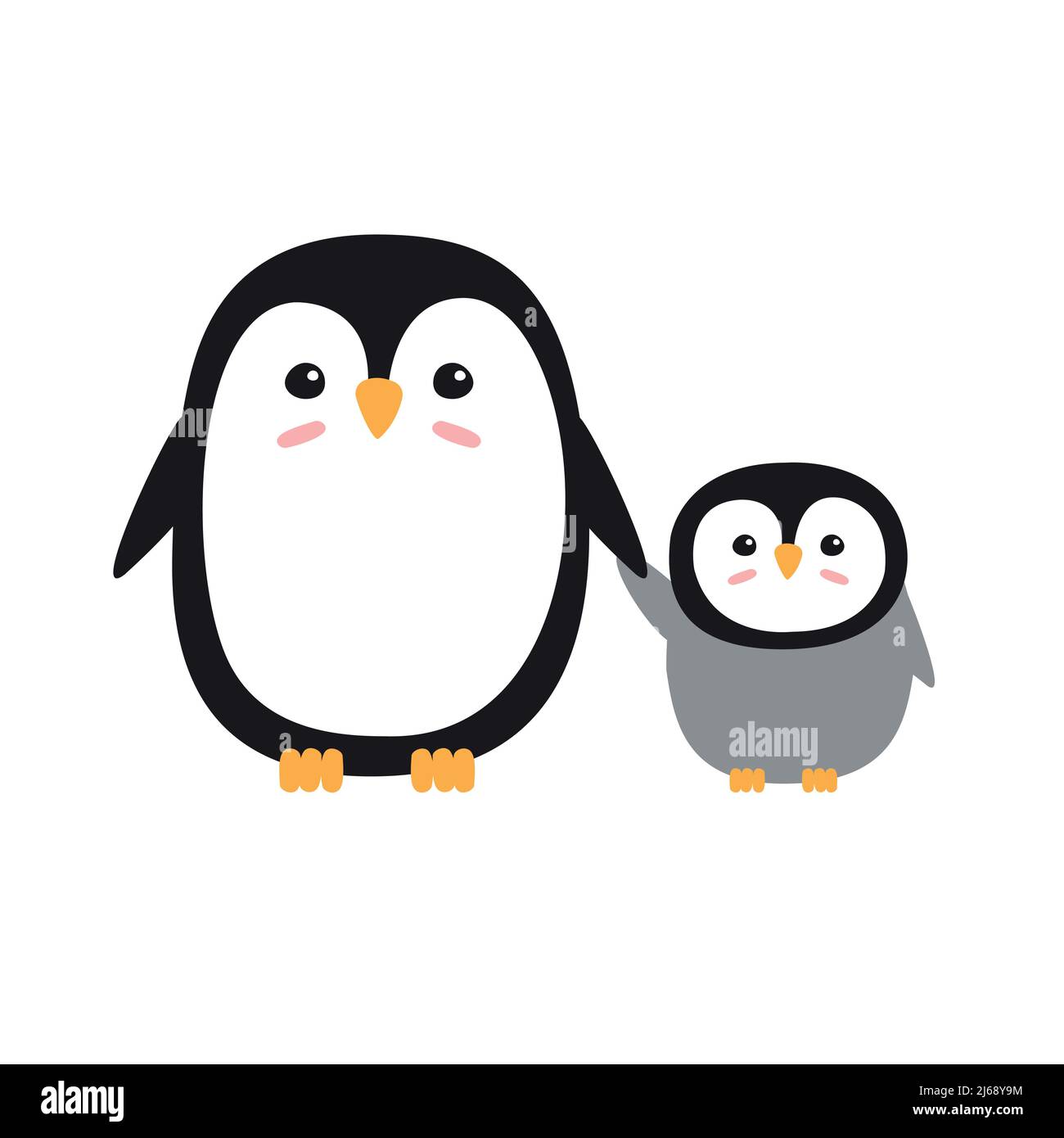 Vector hand drawn flat penguin baby and mom isolated on white