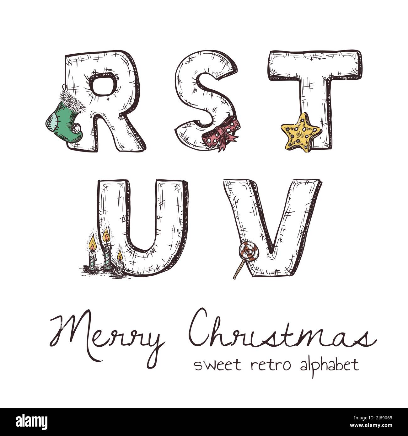 Vector retro christmas alphabet with symbols of holiday isolated in white - r, s, t, u, v Stock Vector