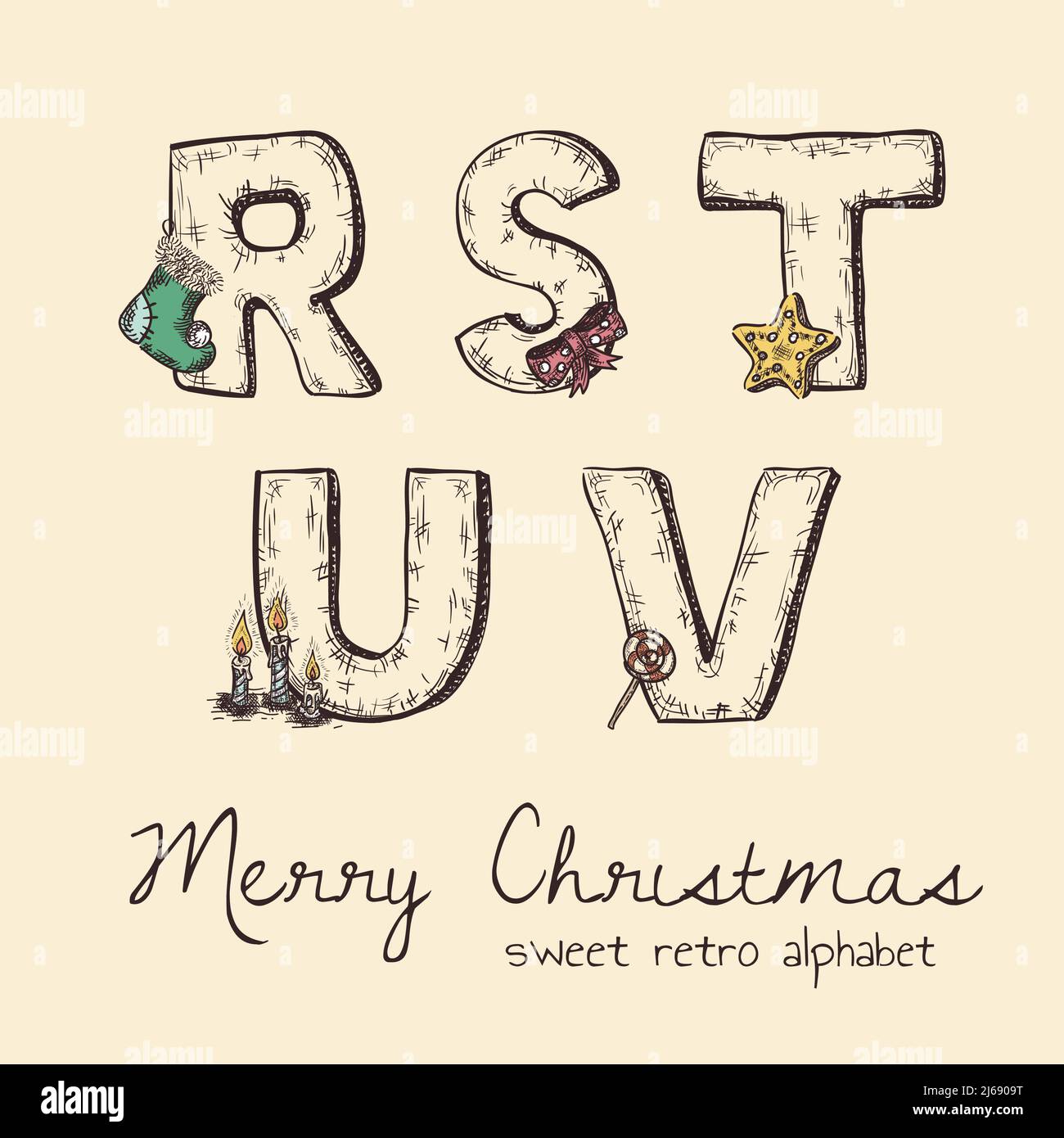 retro christmas alphabet - r, s, t, u, v Stock Vector