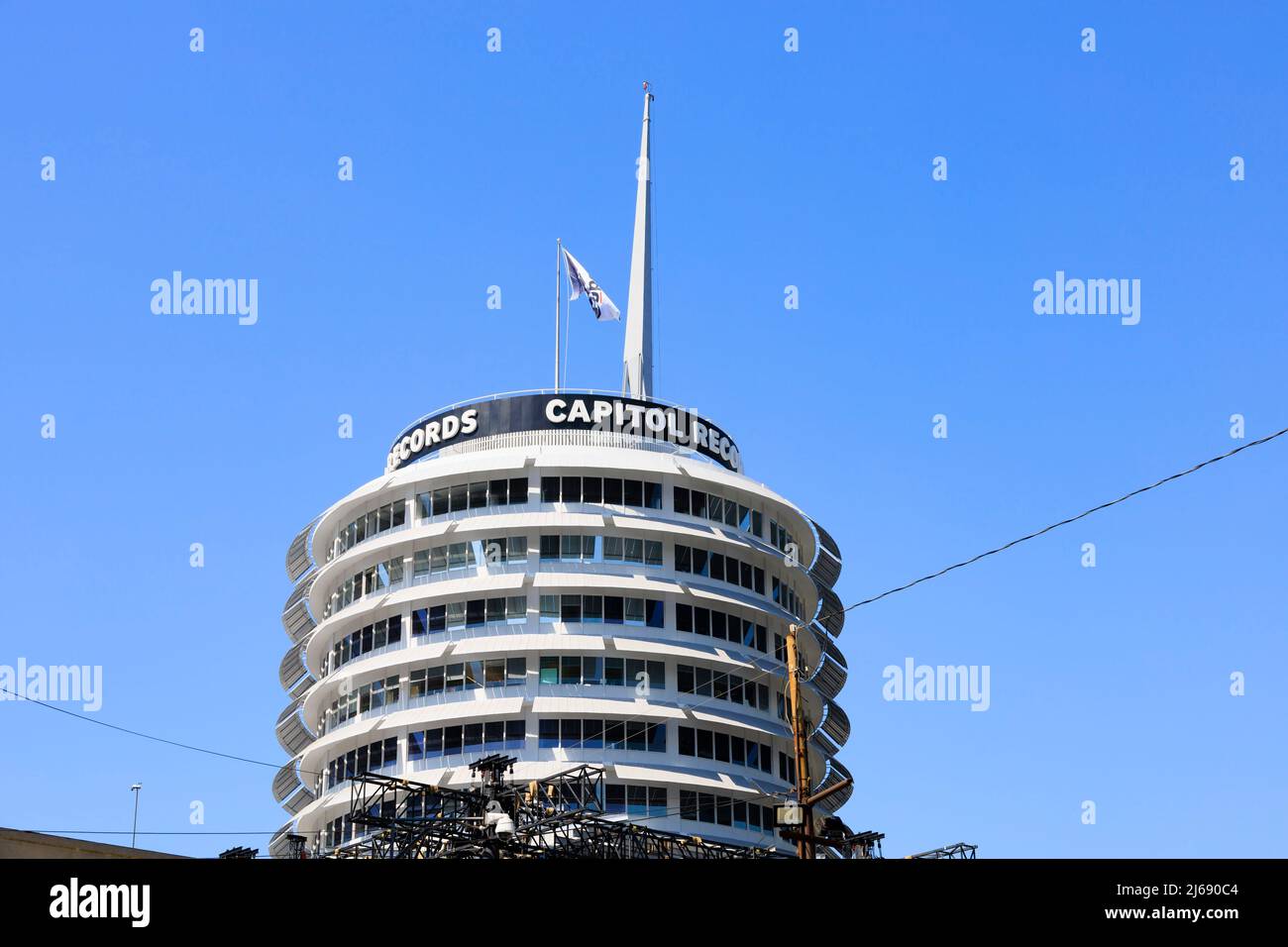 Capitol Records building tower, 1750 Vine St, , Los Angeles, California, USA. Designed by Louis Naidorf and built in 1955 1956. Historic LA landmark. Stock Photo