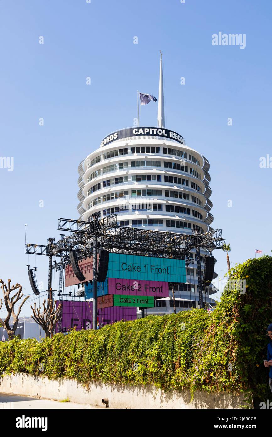 Capitol Records building tower, 1750 Vine St, , Los Angeles, California, USA. Designed by Louis Naidorf and built in 1955 1956. Historic LA landmark. Stock Photo