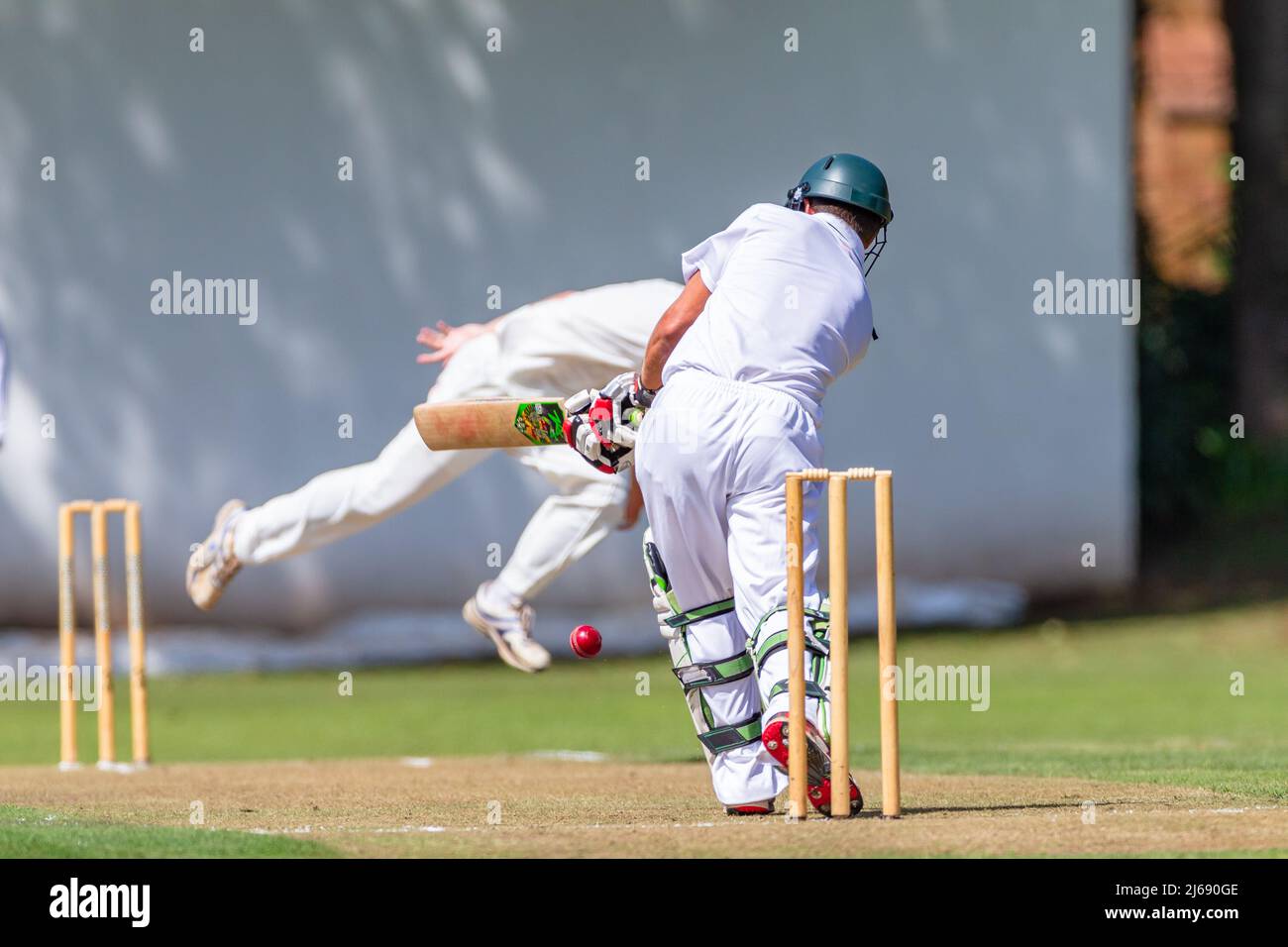 Cricket action batsman plays red ball delivered from bowler