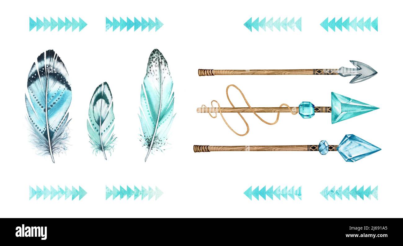 Watercolor set with arrows and feathers. Collection of boho elements ...
