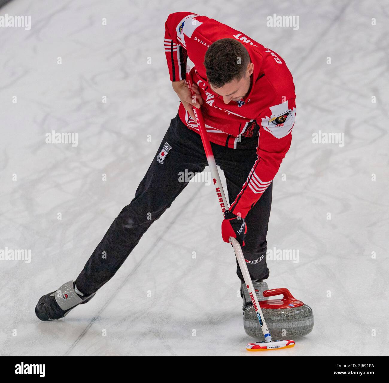 Geneva Switzerland, 29th April 2022 Brett GALLANT of Canada is in action during the World Mixed Doubles Curling Championship 2022