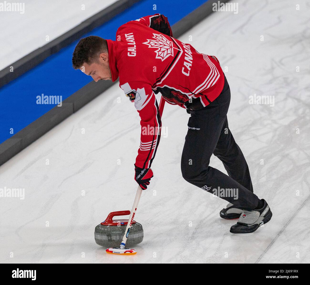 Geneva Switzerland, 29th April 2022:  Brett GALLANT of  Canada is in action during the World Mixed Doubles Curling Championship 2022. Credit. Eric Dubost/Alamy Live News. Stock Photo