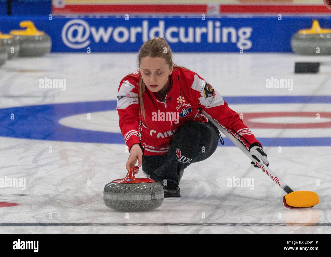 Geneva Switzerland, 29th April 2022 Jocelyn PETERMAN of Canada is in action during the World Mixed Doubles Curling Championship 2022