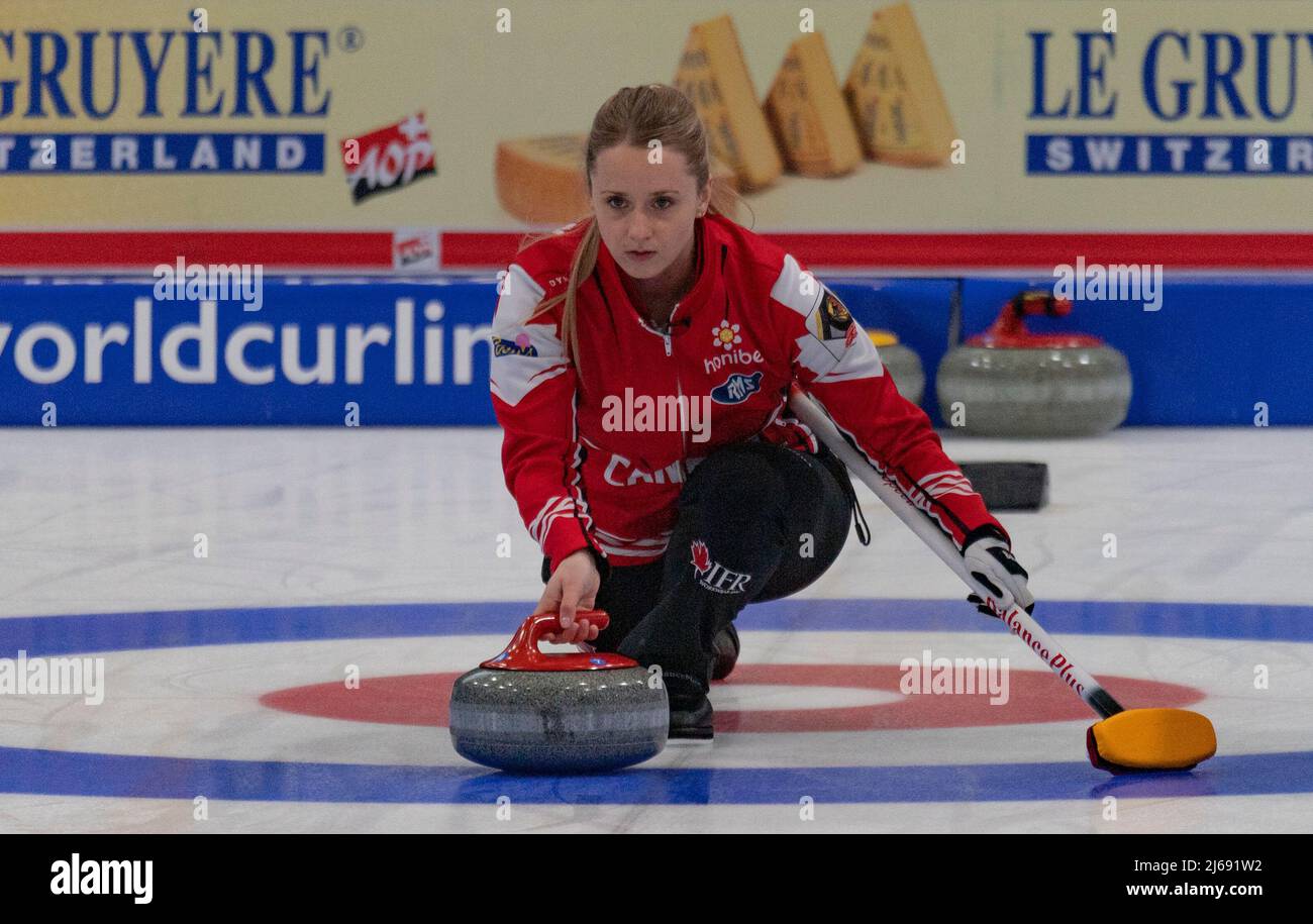 Geneva Switzerland, 29th April 2022: Jocelyn PETERMAN of Canada is in action during the World Mixed Doubles Curling Championship 2022. Credit. Eric Dubost/Alamy Live News. Stock Photo