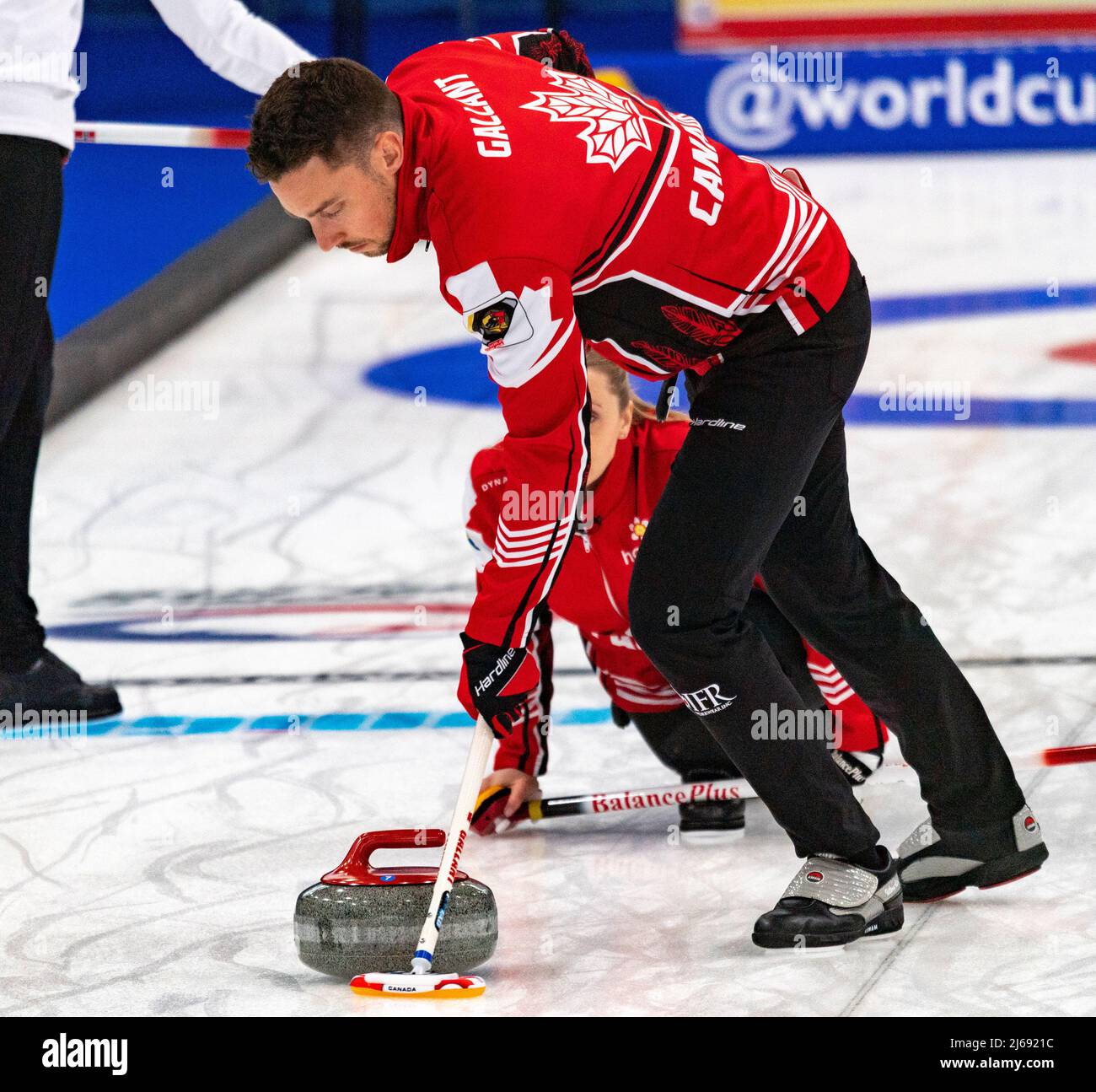 Geneva Switzerland, 29th April 2022:  Brett GALLANT of Canada is in action during the World Mixed Doubles Curling Championship 2022. Credit. Eric Dubost/Alamy Live News. Stock Photo