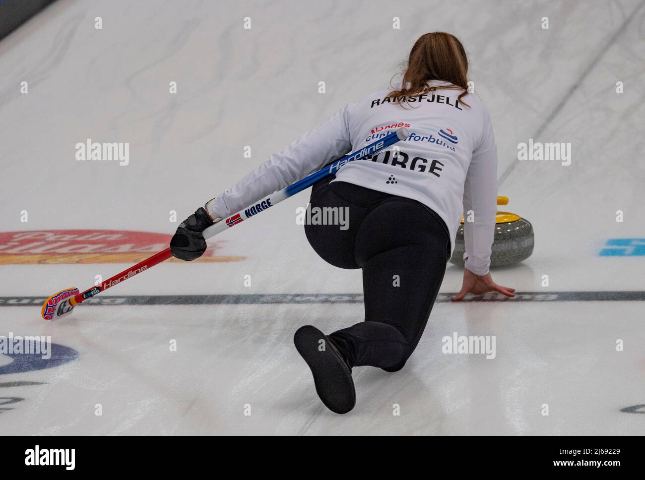 Geneva Switzerland, 29th April 2022 Maia RAMSFJELL of Norway is in action during the World Mixed Doubles Curling Championship 2022