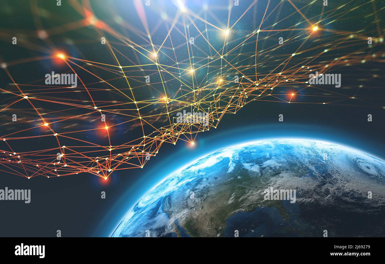 Block chain network and Planet Earth. Artificial intelligence. Global decentralized database. Elements of this image furnished by NASA Stock Photo