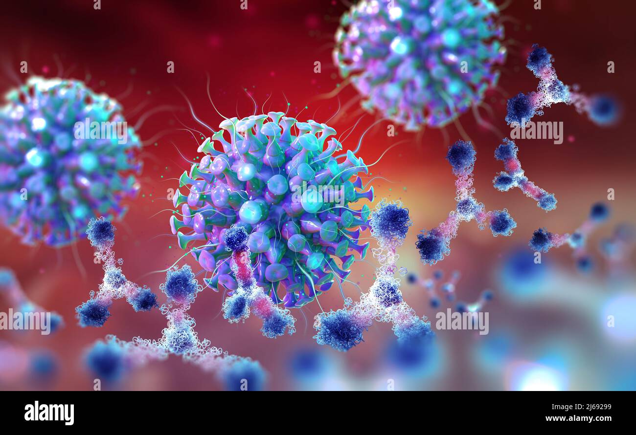 Virus under microscope. Antibodies and viral infection. Immune defense of body. Attack on antigens 3D illustration Stock Photo