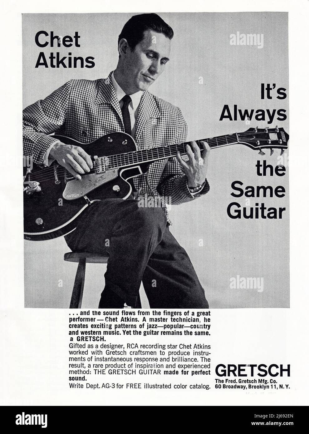 An ad from a 1962 music magazine for Gretsch electric guitars featuring jazz and country music legend, Chet Atkins. Stock Photo