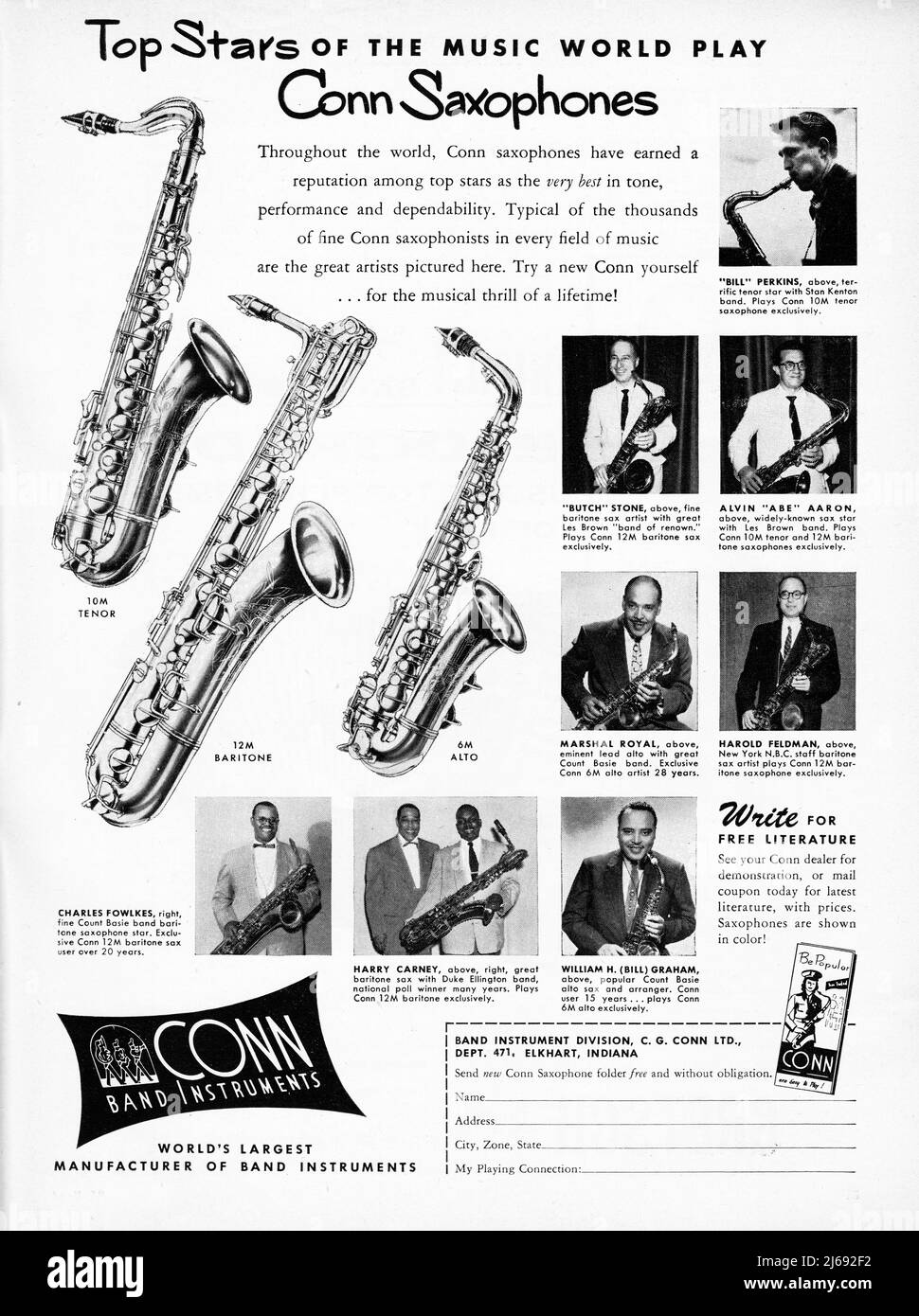 An ad from a 1956 music magazine for Conn saxophones with endorsements from several well know jazz musicians including Harry Carney, Marshal Royal, Charlie Fowlkes and Bill Perkins. Stock Photo