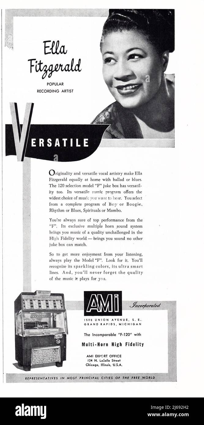 A 1955 advertisement for AMI jukeboxes featuring the legendary jazz singer and music icon, Ella Fitzgerald. Stock Photo