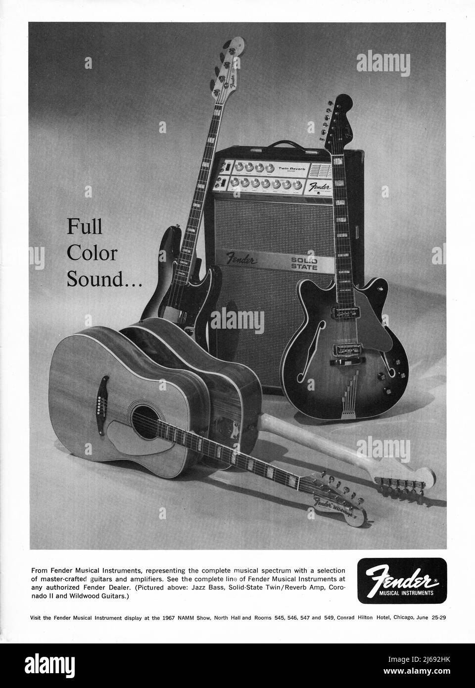 An ad for Fender acoustic & electric guitars and amplifiers. It claims a 'full color sound.' From a late 1960s magazine. Stock Photo