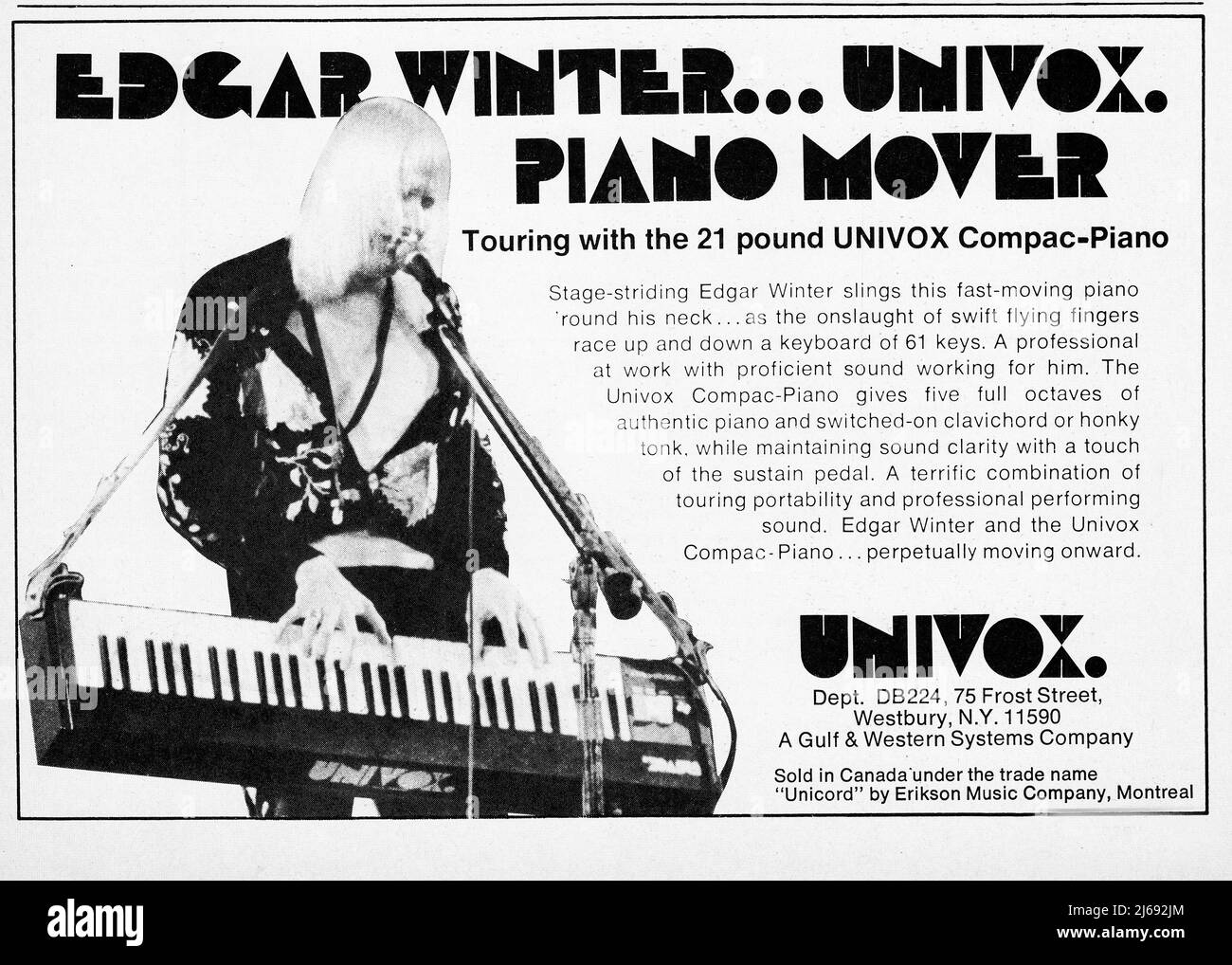 An advertisement for the Univox Compac-Piano featuring legendary blues rock guitarist, Johnny Winter. He was one of the first portable electronic keyboards and Winter invented the strap so as to play it while standing. Stock Photo