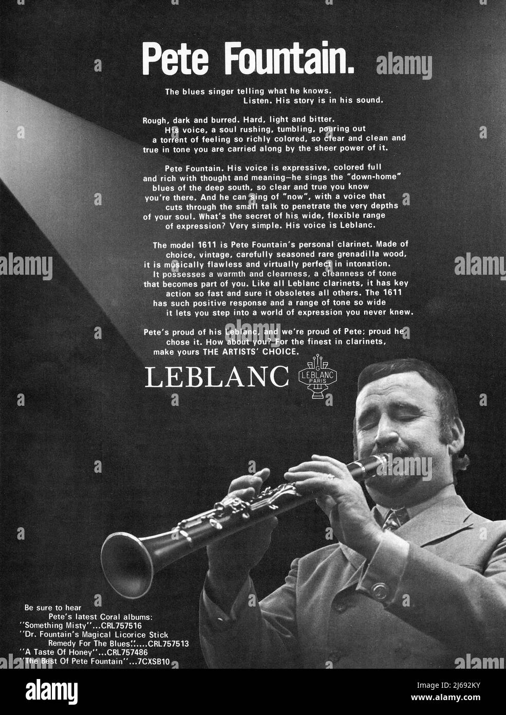 An ad from a vintage music magazine featuring Dixieland clarinetist Pete Fountain endorsing Leblanc clarinets. From a 1971 music magazine. Stock Photo