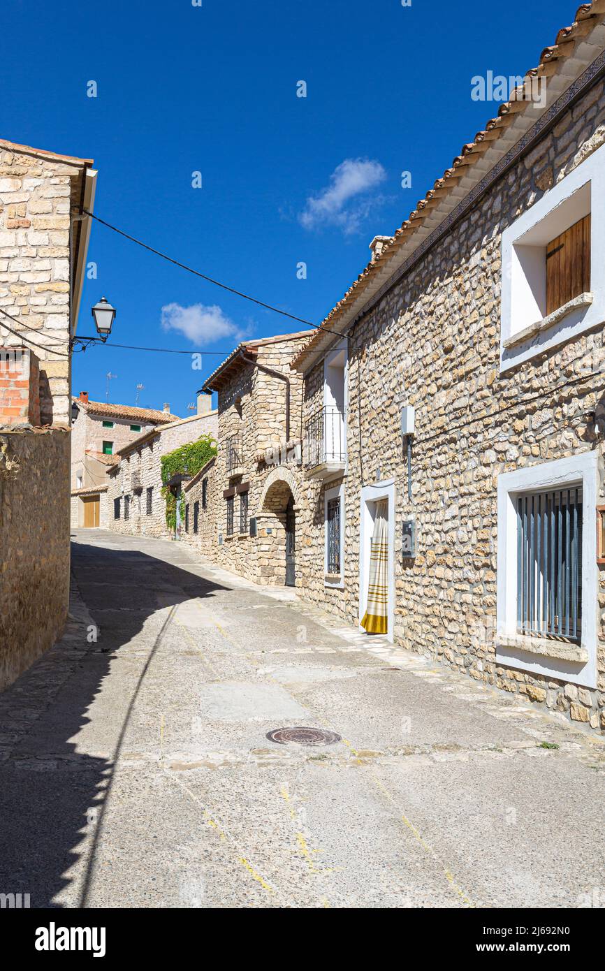 Typical street with its stone houses in Fuendetodos birthplace of the Spanish painter Francisco De Goya, Zaragoza province, Autonomous Community of Ar Stock Photo