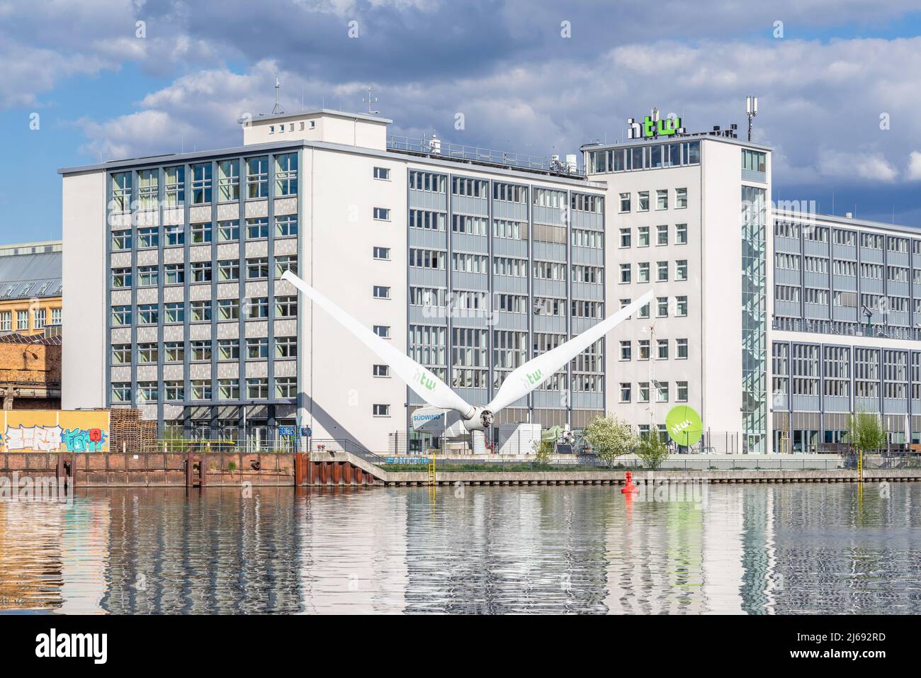 View across the river Spree to the University of Applied Sciences ( Hochschule für Technik und Wirtschaft - HTW) spring 2022, Berlin, Germany Stock Photo
