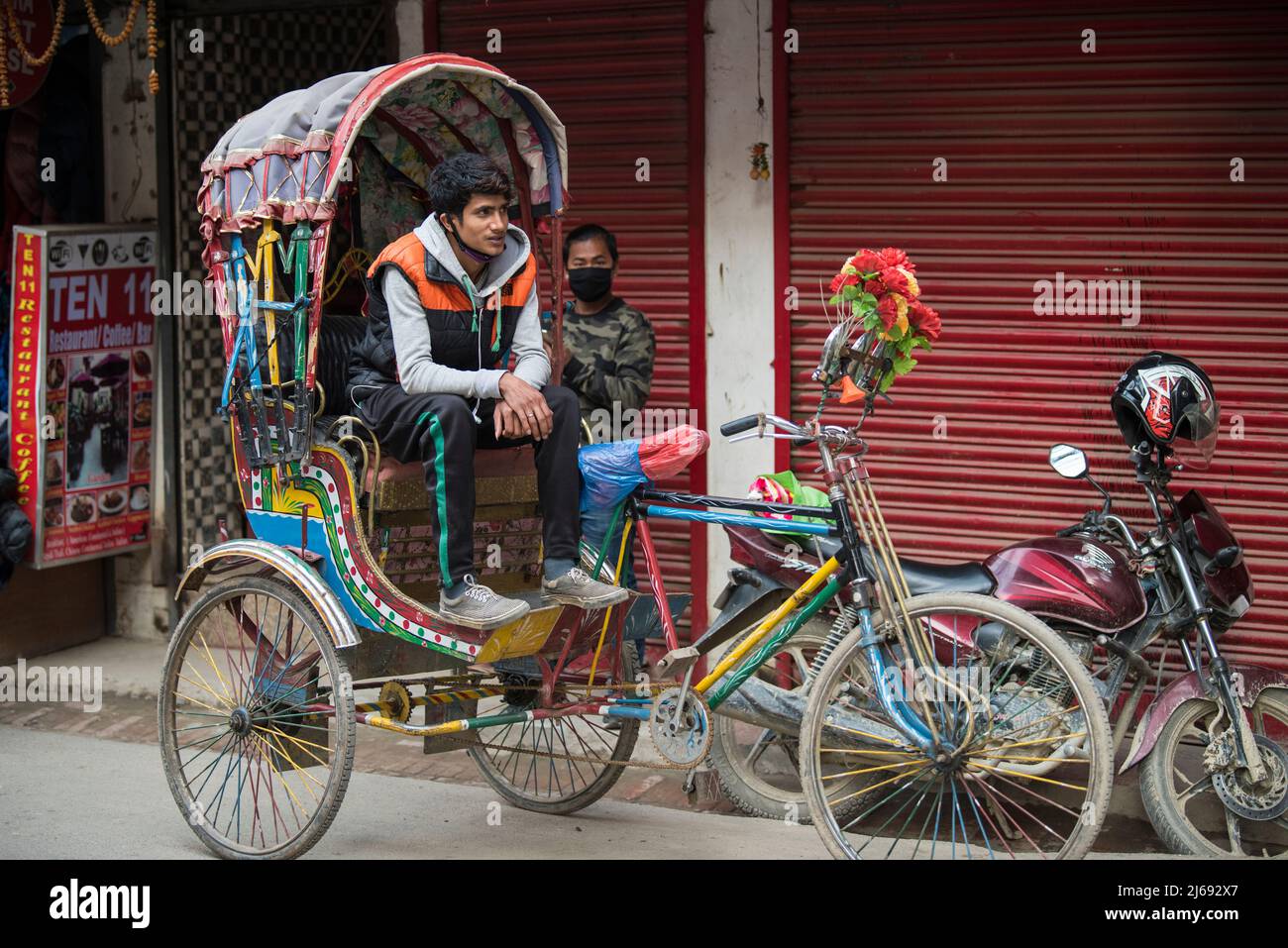 Kathmandu, Nepal April 20,2019 Cycle rickshaw on the streets of Kathmandu. In terai region