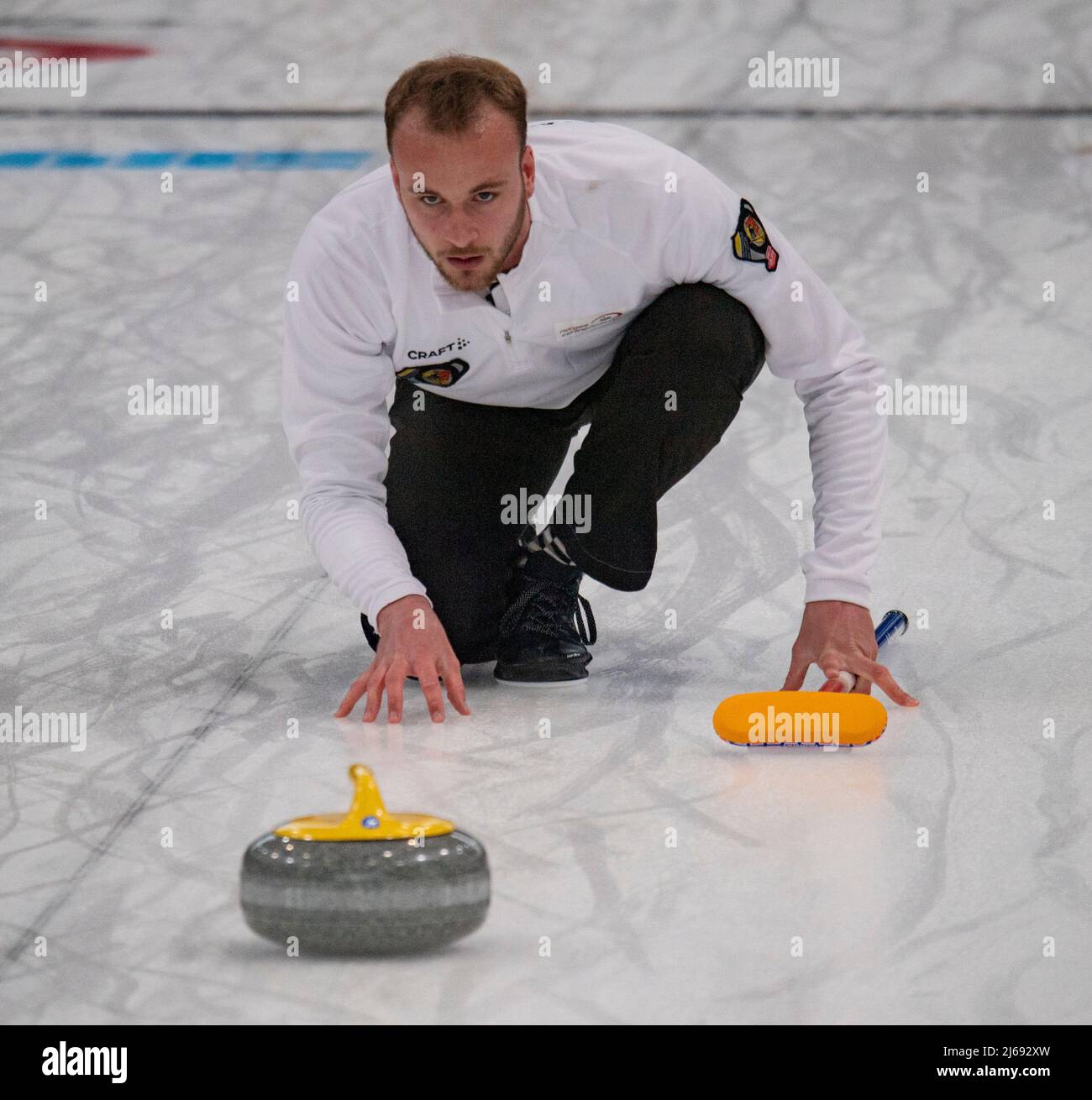 Geneva Switzerland, 29th April 2022:  Magnus RAMSFJELL of Norway is in action during the World Mixed Doubles Curling Championship 2022. Credit. Eric Dubost/Alamy Live News. Stock Photo