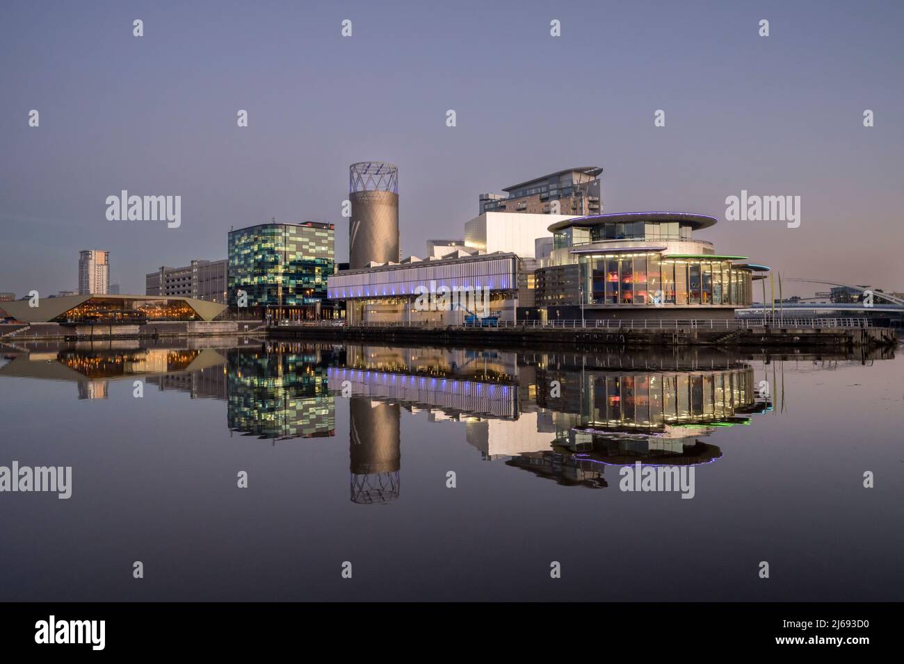 The Lowry Theatre at dusk Salford Quays, Manchester, England, United Kingdom Stock Photo