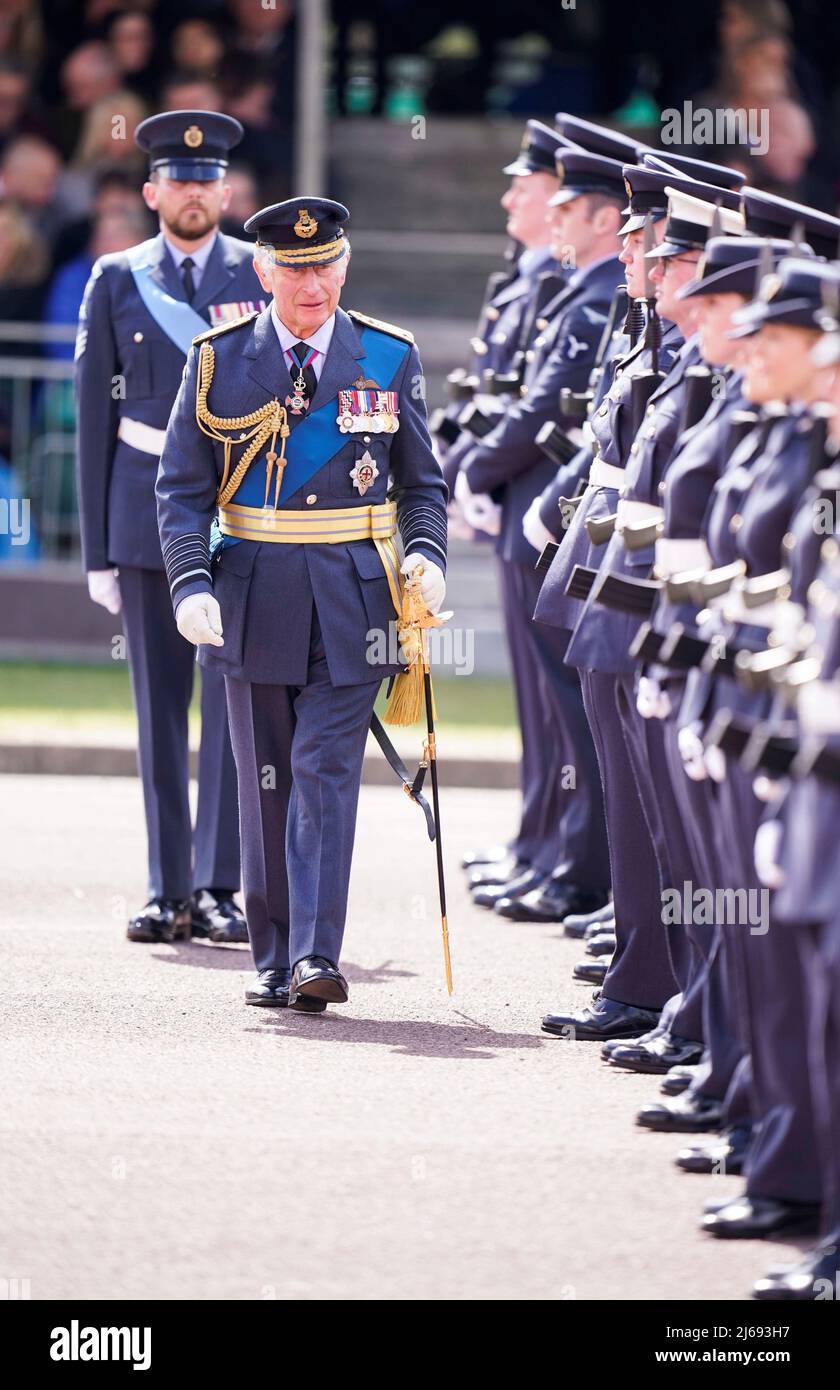 Britain's Prince Charles attends a parade held for officers and aviators who graduated from Royal Air Force (RAF) Cranwell and RAF Halton, in Sleaford, Lincolnshire, Britain, April 29, 2022. Danny Lawson/Pool via REUTERS Stock Photo