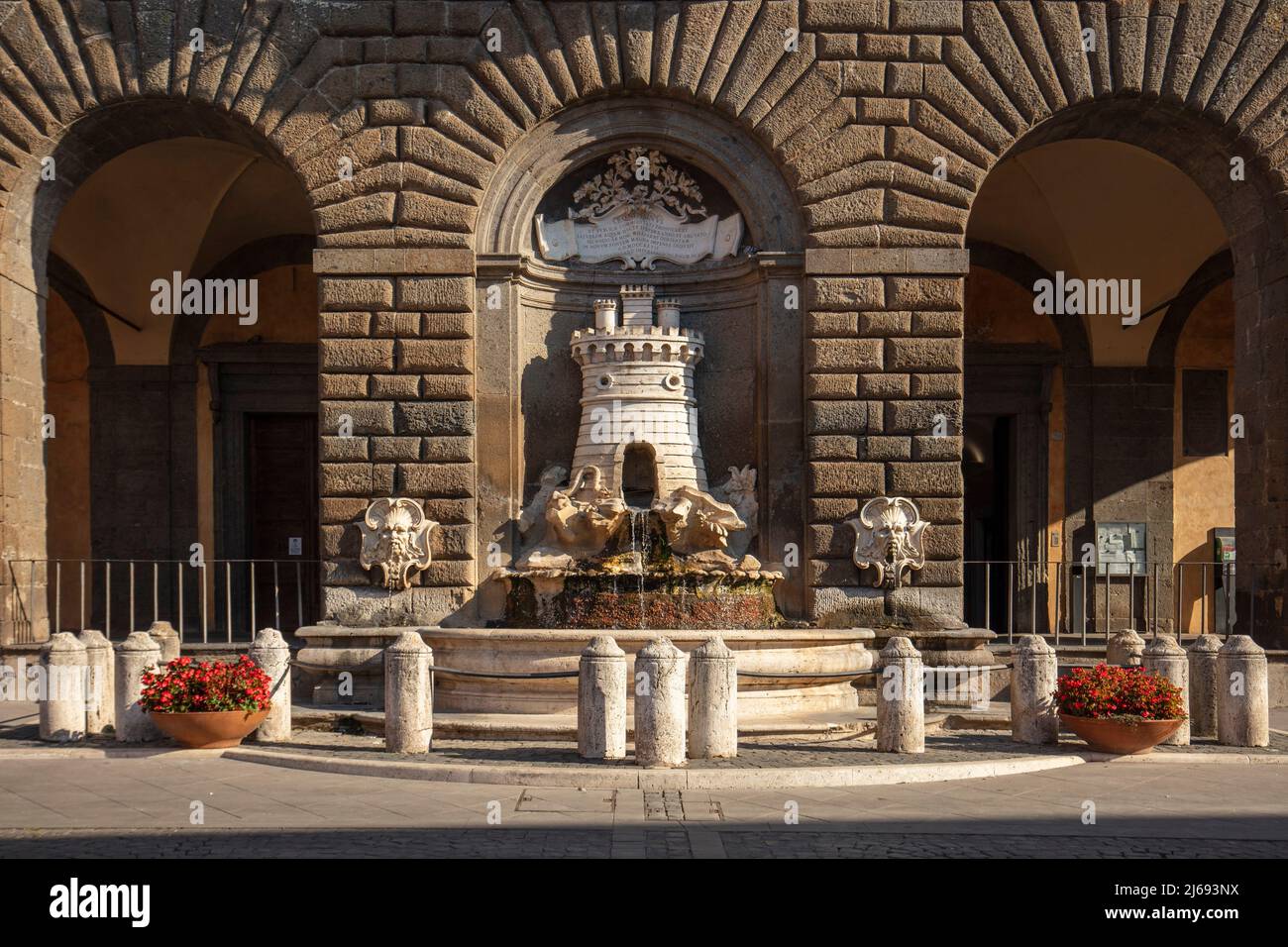 Travertine fountain sculpted by Filippo Brigioni in 1727, Nepi, Viterbo, Lazio, Italy Stock Photo