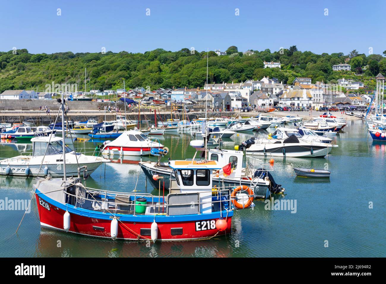 Fishing boats and yachts in the Jurassic Coast harbour at Lyme Regis