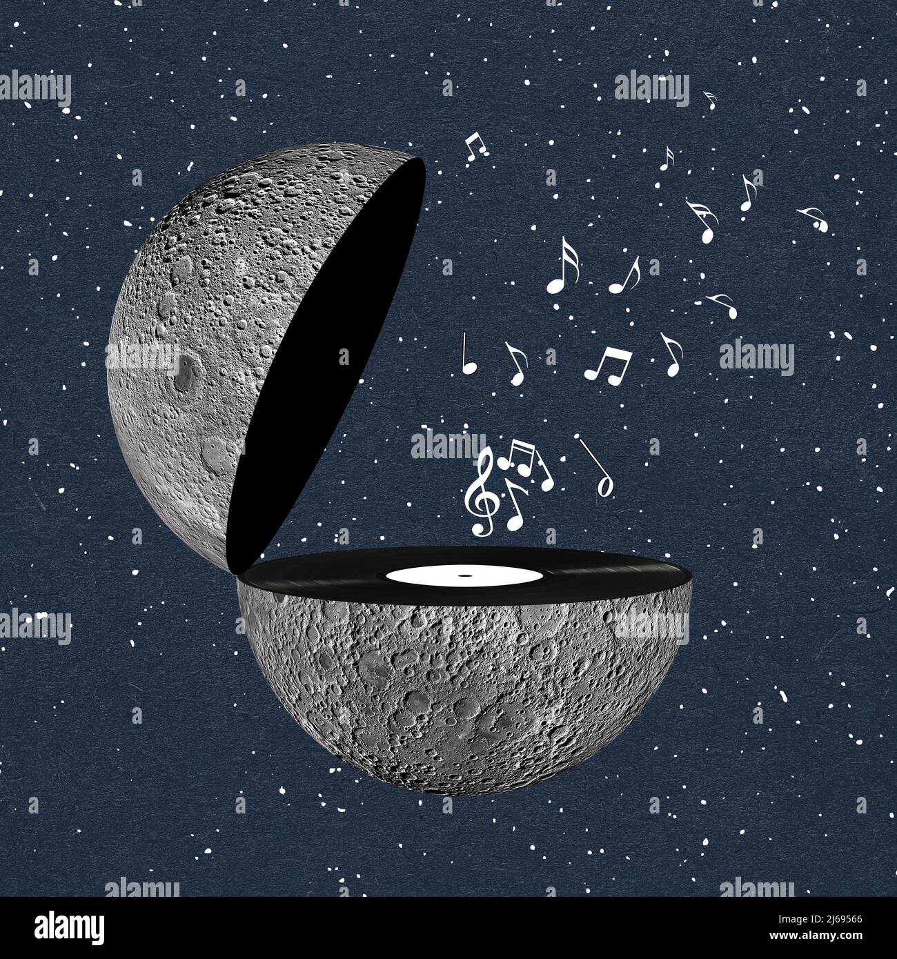 Globe in shape of music box, gramophone on starry background