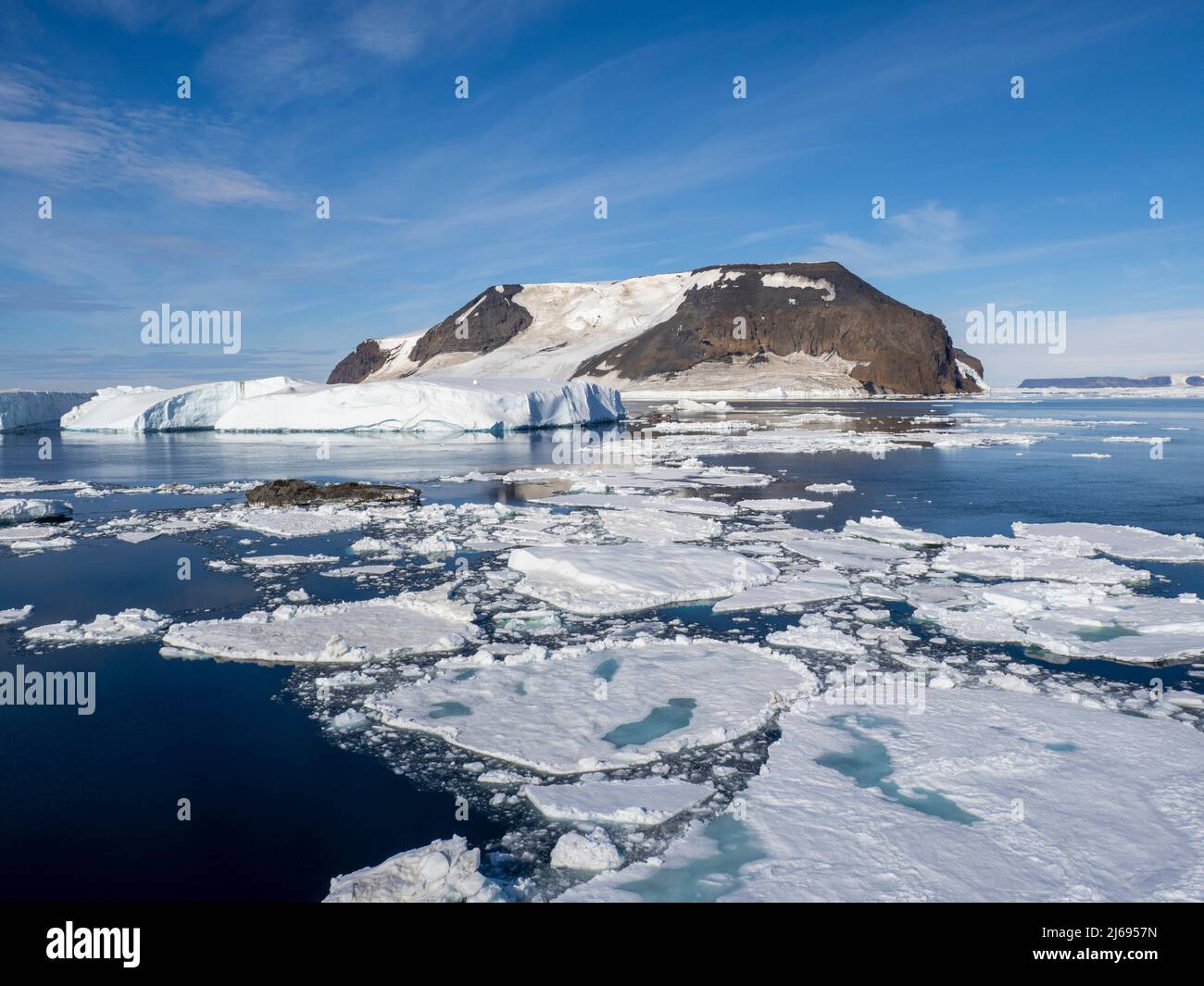 Ice chokes the waters surrounding James Ross Island and Lockyer Island, Weddell Sea, Antarctica, Polar Regions Stock Photo
