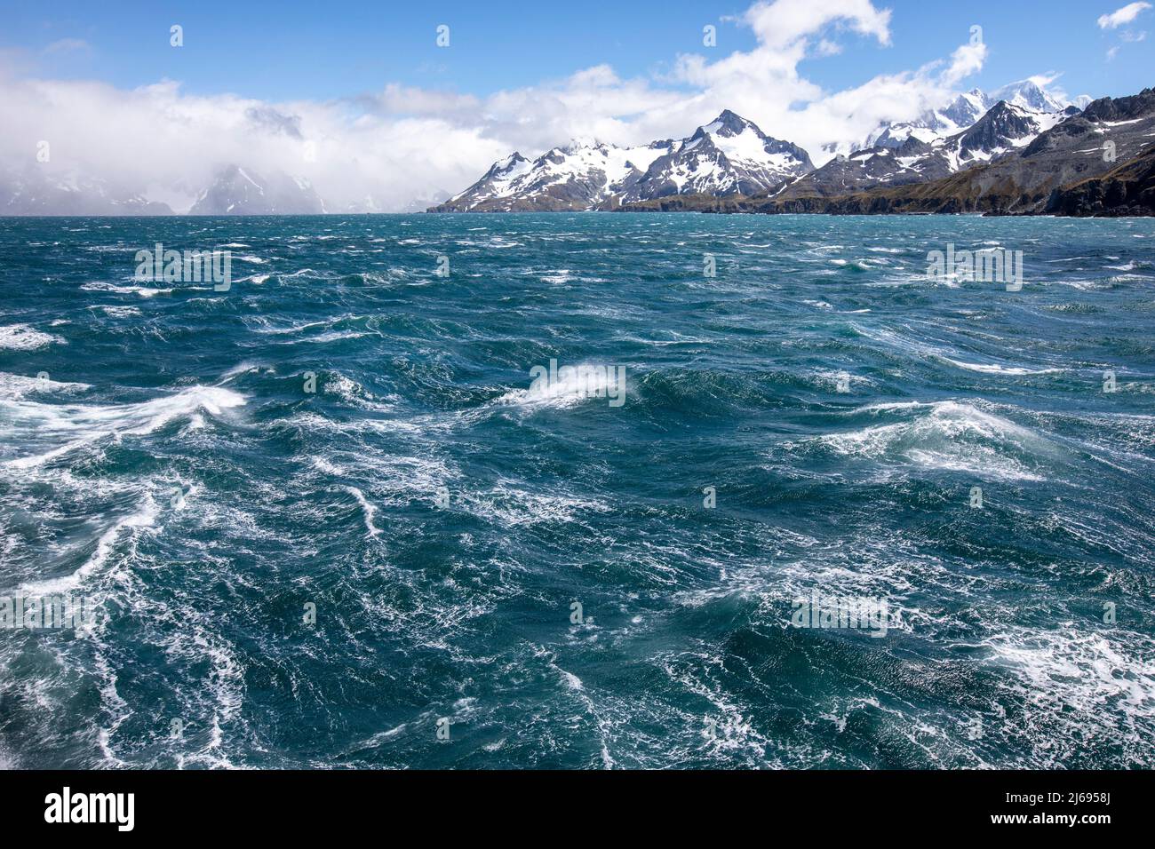 A view of snow-capped mountains and glaciers in Cooper Bay, South Georgia, South Atlantic, Polar Regions Stock Photo