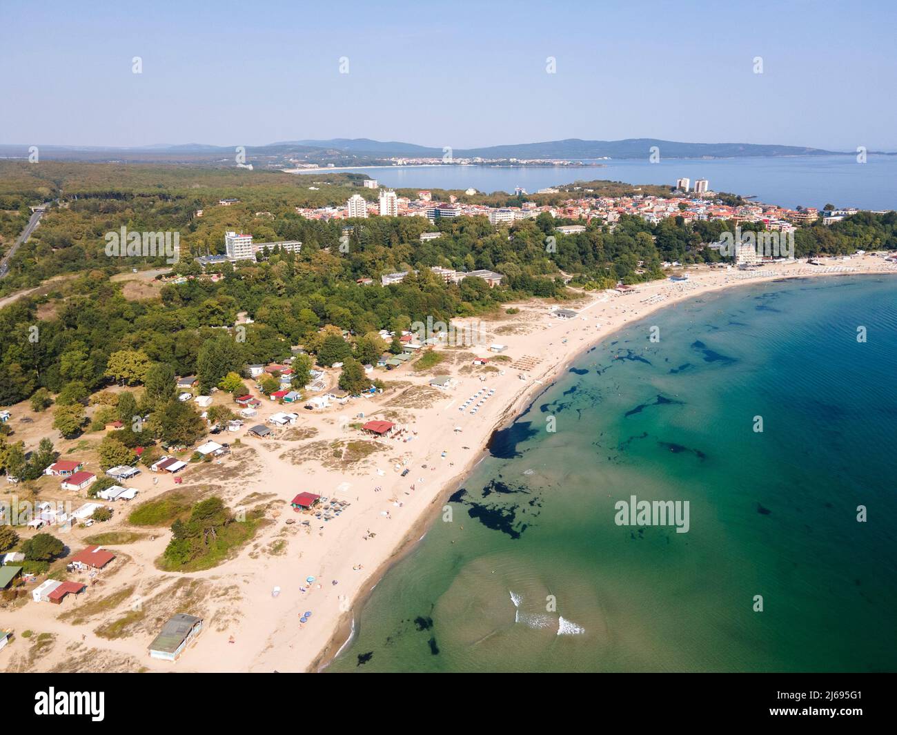 Amazing Aerial view of South Beach of town of Kiten, Burgas Region, Bulgaria Stock Photo