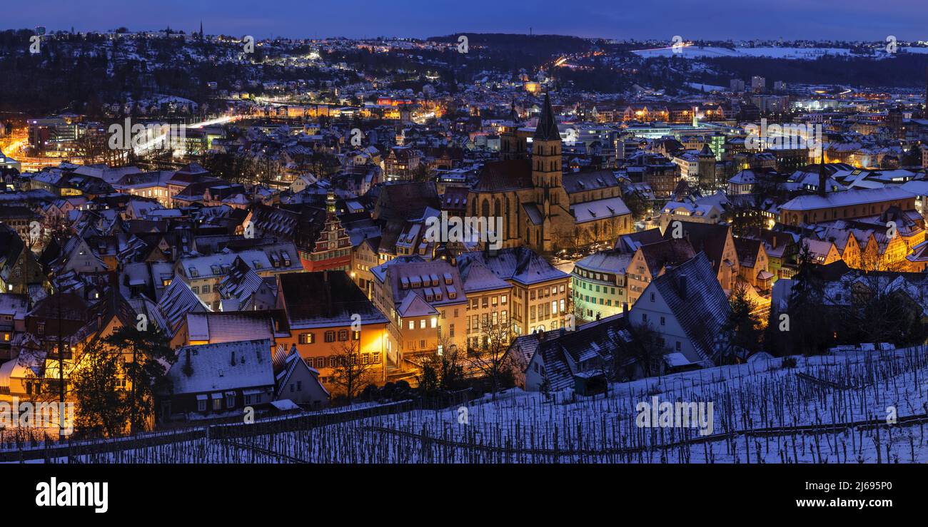 Old town with St. Dionys Church in winter, Esslingen am Neckar, Baden Wurttemberg, Germany Stock Photo