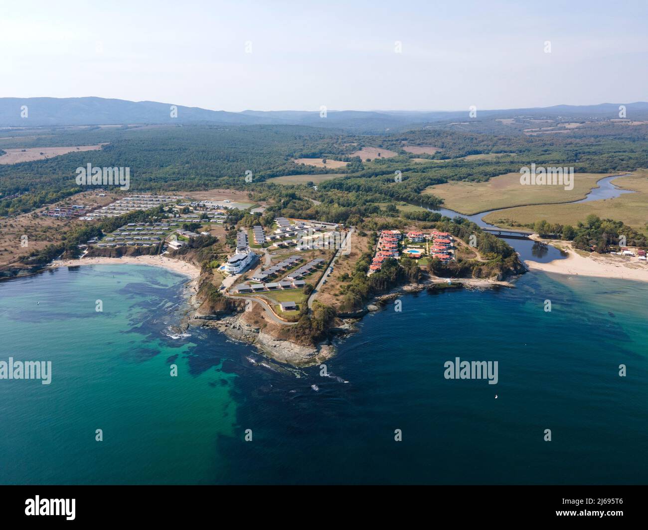 Amazing Aerial view of South Beach of town of Kiten, Burgas Region, Bulgaria Stock Photo