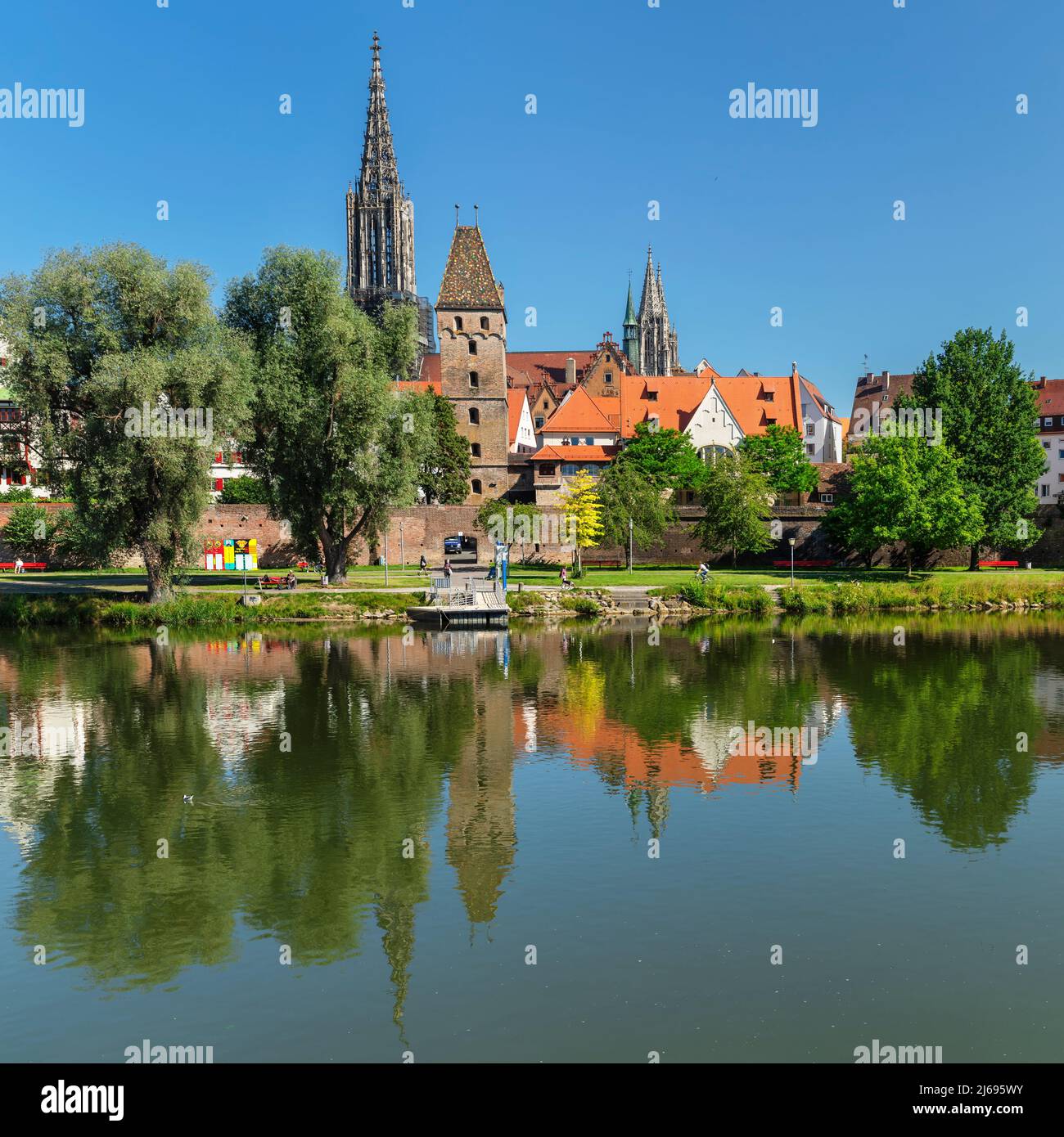 View over Danube River to Ulm Minster and the Old Town, Ulm, Baden-Wurttemberg, Germany Stock Photo