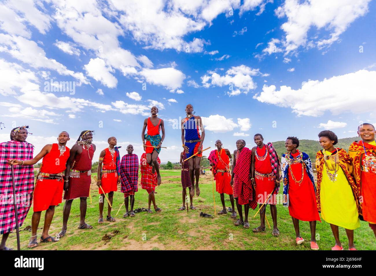 Maasai locals dancing, Maasai Mara, Kenya, East Africa, Africa Stock Photo