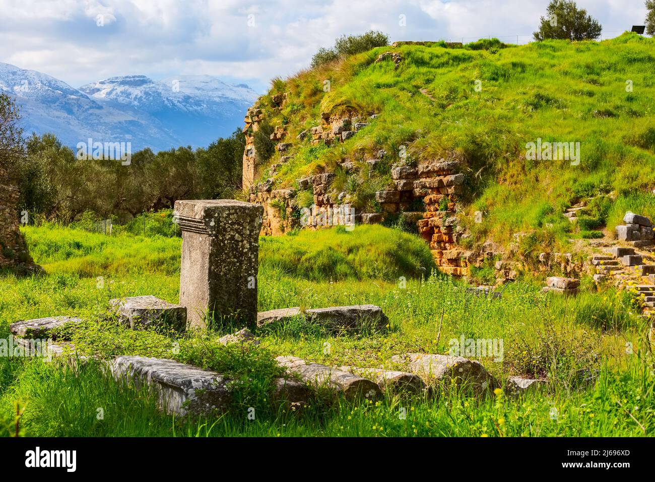Sparta, Greece Ancient ruins remains in Peloponnese and snow mountain