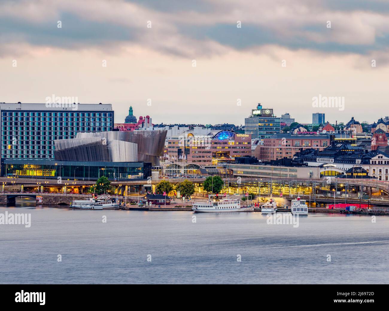 View towards the Waterfront Congress Centre at dawn, Stockholm, Stockholm County, Sweden, Scandinavia Stock Photo