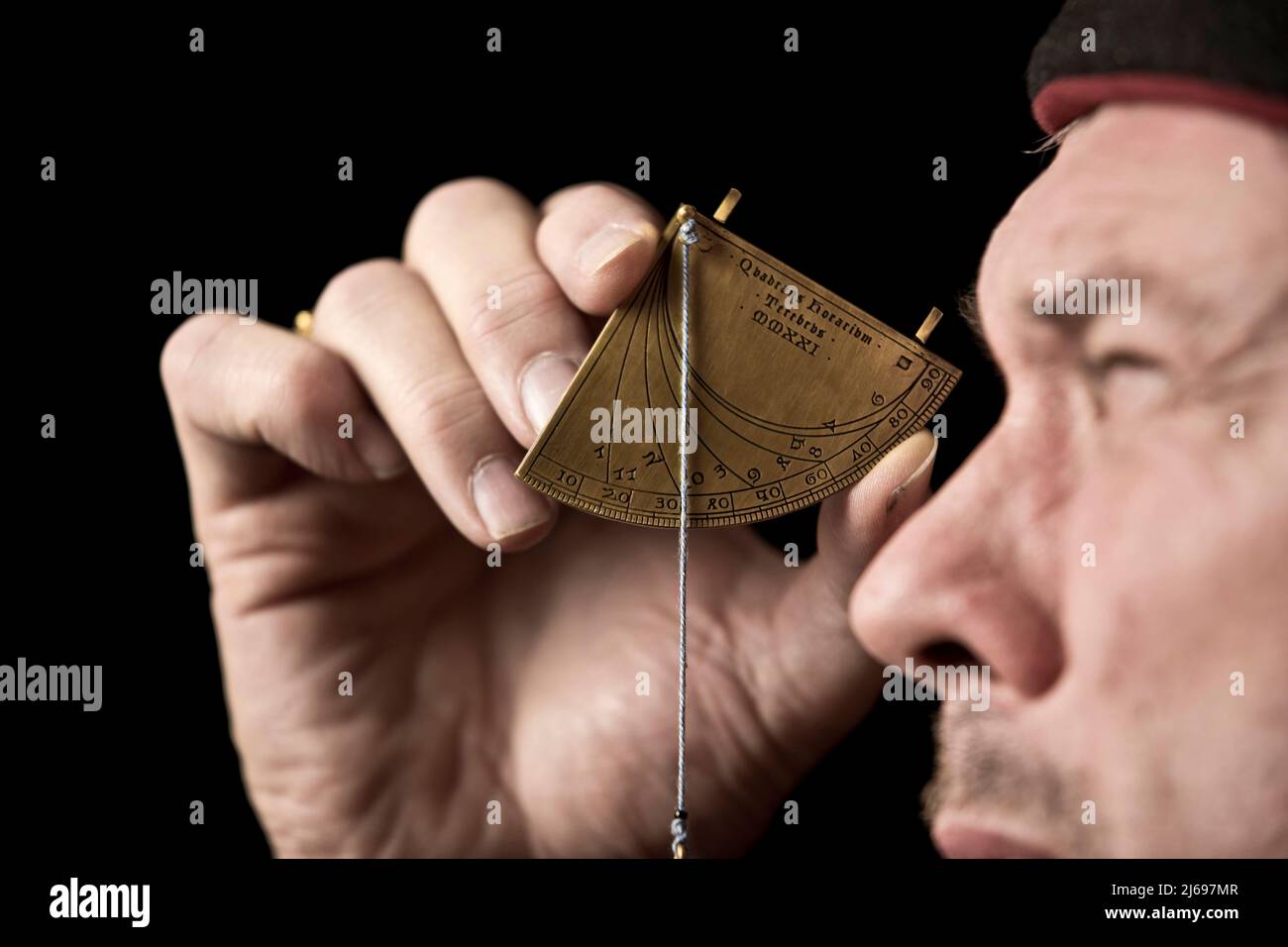 Precise replica of a 14th Century quadrant sundial, crafted by Master Terebrus, a Ukranian producer of ancient navigation and mathematical tools. Stock Photo