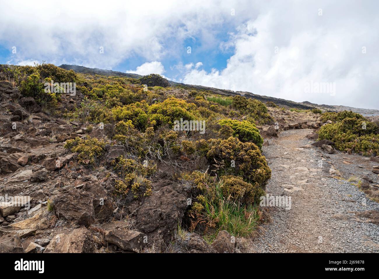 mountainside hiking trail through rocky terrain along haleakala highway at national park in maui hawaii Stock Photo