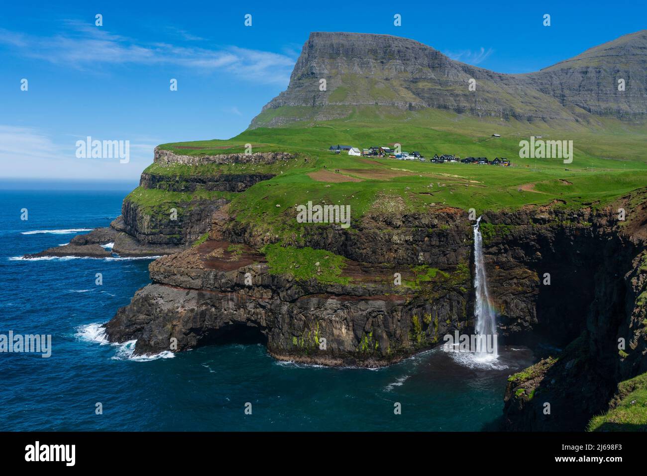 Mulafossur waterfall, Gasaldur, Vagar Island, Faroe Islands, Denmark Stock Photo