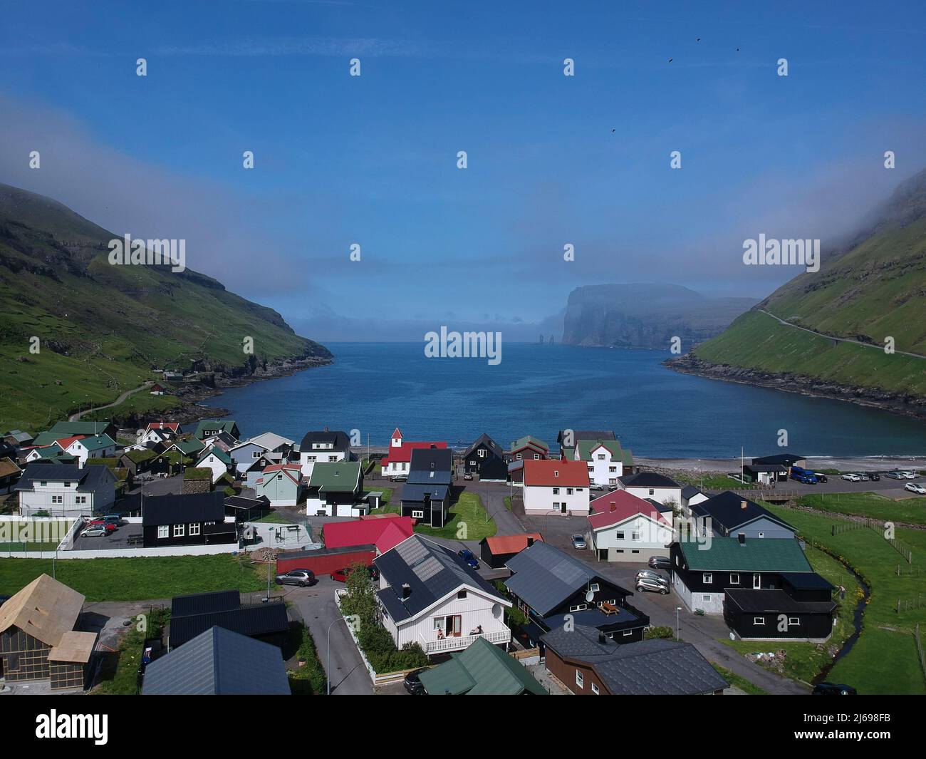 Aerial view of Tjornuvik, Streymoy Island, Faroe Islands, Denmark, Europe Stock Photo